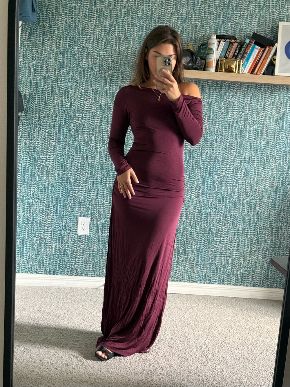 Hansen Long Sleeve One-Shoulder Maxi Dress in Burgundy